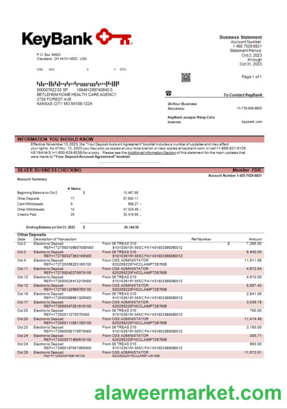 Keybank business bank statement Word and PDF template